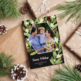 Witte Bloemige Rode Bessen Zeshoek Prettige Feestd Feestdagenkaart