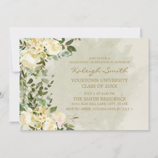 Witte bloemige salie groene bladeren afstudeerfees kaart (Voorkant)