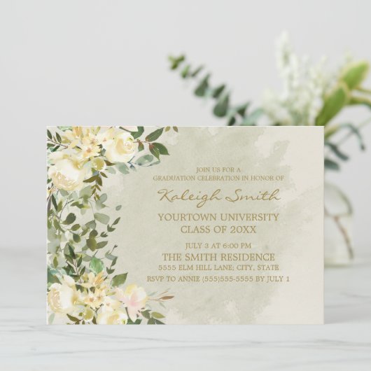 Witte bloemige salie groene bladeren afstudeerfees kaart (Staand voorkant)