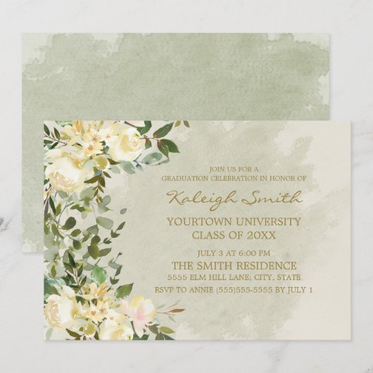 Witte bloemige salie groene bladeren afstudeerfees kaart (Voorkant / Achterkant)