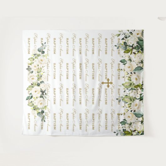 Witte bloemige stap & herhaal gouden doop achtergr wandkleed (Voorkant (horizontaal))