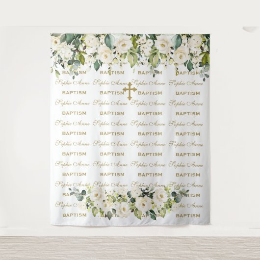 Witte bloemige stap & herhaal gouden doop achtergr wandkleed (Voorkant)