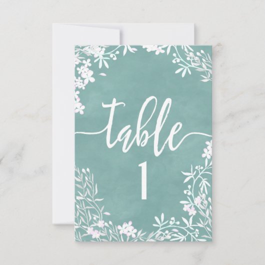 Witte bloemige tafelnummer zitplaatskaart op elke  (Voorkant)