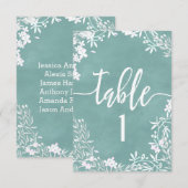 Witte bloemige tafelnummer zitplaatskaart op elke  (Voorkant / Achterkant)