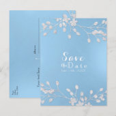Witte bloemige tak blauwe Save the Date-uitnodigin Aankondigingskaart (Voorkant / Achterkant)