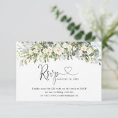Witte bloemige trouwwebsite QR-code RSVP  Kaartje (Staand voorkant)