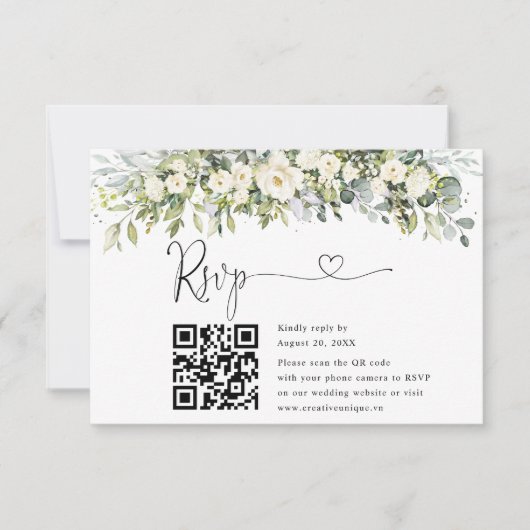 Witte bloemige trouwwebsite QR-code RSVP Kaartje (Voorkant)