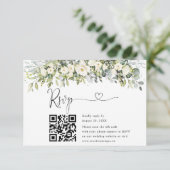 Witte bloemige trouwwebsite QR-code RSVP Kaartje (Staand voorkant)