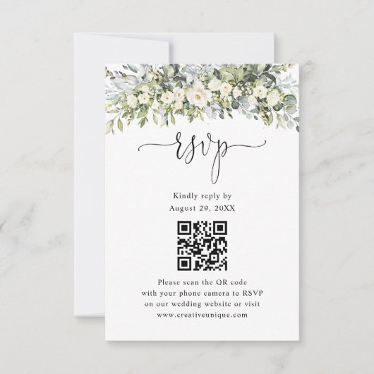 Witte bloemige trouwwebsite QR-code RSVP  Kaartje (Voorkant)