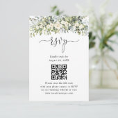 Witte bloemige trouwwebsite QR-code RSVP  Kaartje (Staand voorkant)