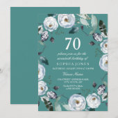 Witte bloemige turquoise groene 70ste verjaardagsu kaart (Voorkant / Achterkant)