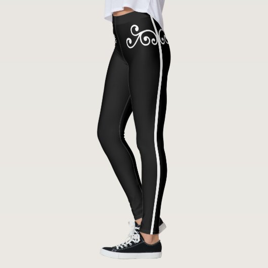 Witte bloemige wervel vector kunst op zwarte leggi leggings (Links)