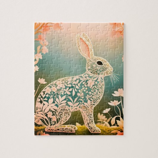 Witte bloemkonijn lente kunst  legpuzzel (Verticaal)