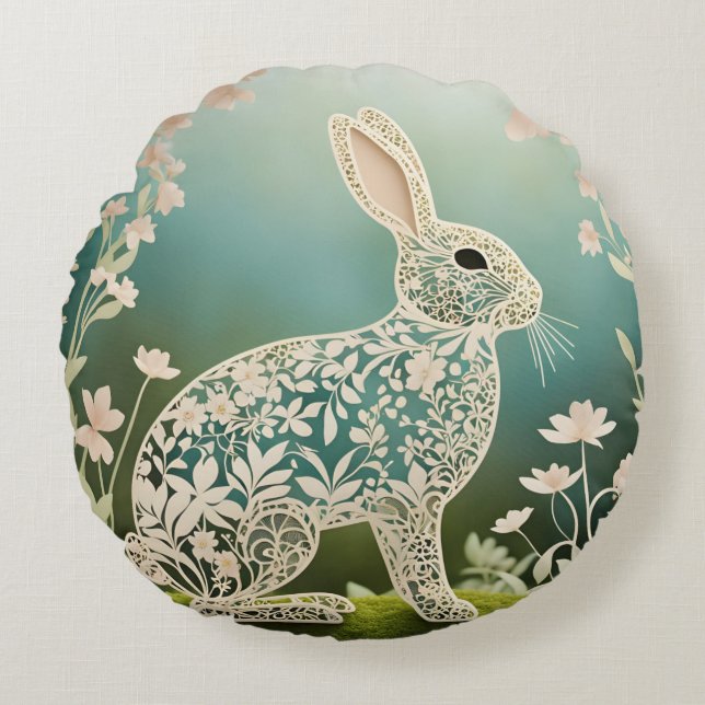 Witte bloemkonijn lente kunst rond kussen (Voorkant)