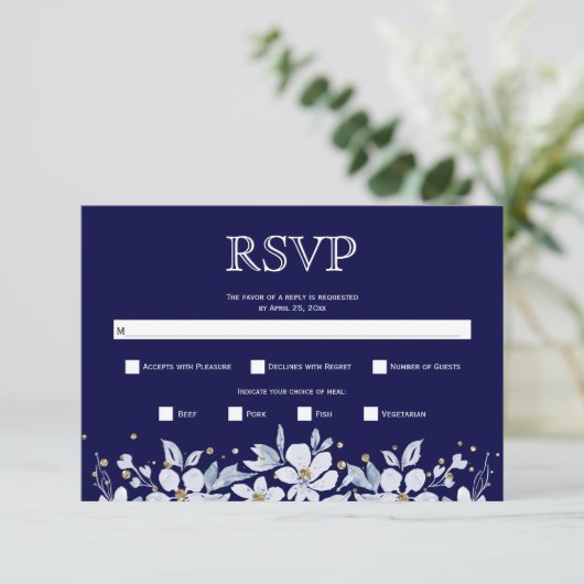 Witte bloemkool en juwelen blauwe bruiloft RSVP kaartje (Staand voorkant)