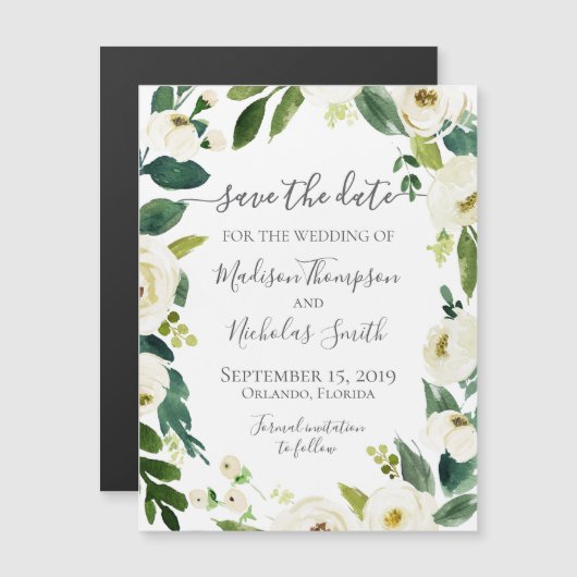 Witte bloemkrans Bewaar de datummagneten Magnetische Uitnodiging (Voorkant / Achterkant)