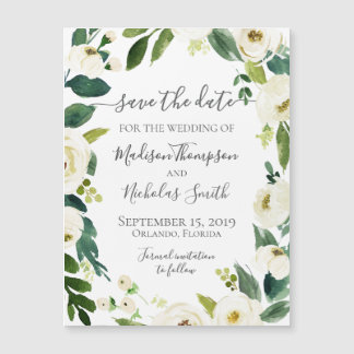 Witte bloemkrans Bewaar de datummagneten Magnetische Uitnodiging