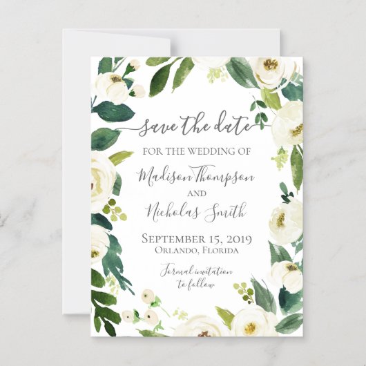 Witte bloemkrans Bewaar de datummagneten Magnetische Uitnodiging (Voorkant)