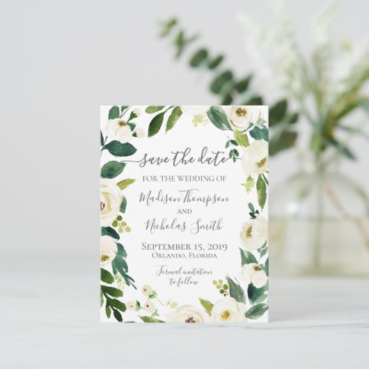 Witte bloemkrans bruiloft Save the Date Kaart (Staand voorkant)