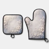 Witte Bloemrijke Oven Mitt & Pot Houder Set (Voorkant)