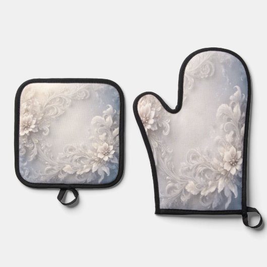 Witte Bloemrijke Oven Mitt & Pot Houder Set (Voorkant)