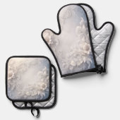 Witte Bloemrijke Oven Mitt & Pot Houder Set (Voorkant / Achterkant)