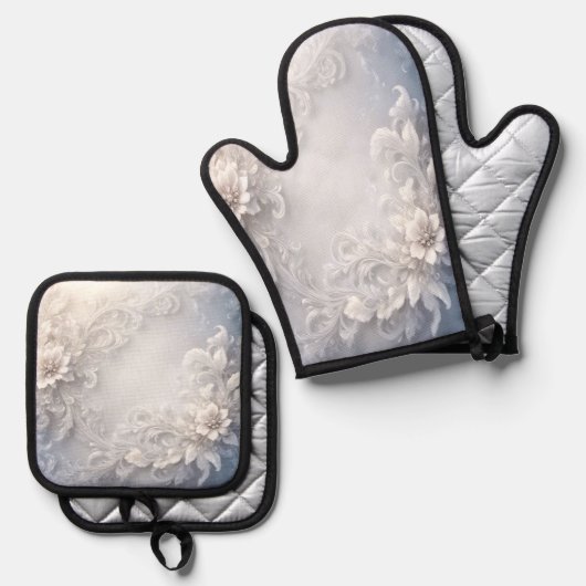 Witte Bloemrijke Oven Mitt & Pot Houder Set (Voorkant / Achterkant)