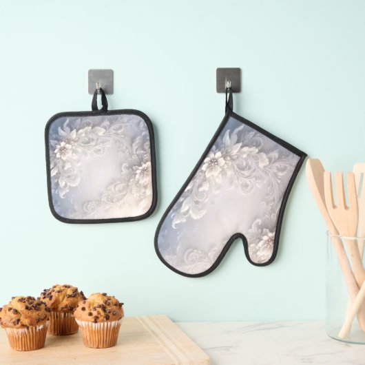 Witte Bloemrijke Oven Mitt & Pot Houder Set (Insitu(Ophanging))