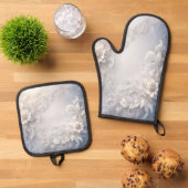 Witte Bloemrijke Oven Mitt & Pot Houder Set (Top down)