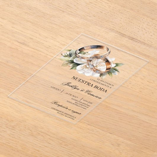 Witte Bloemring met Spaanse bruiloft acryl Acryl Uitnodigingen (Laagn)