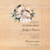 Witte Bloemring met Spaanse bruiloft acryl Acryl Uitnodigingen (Voorkant)