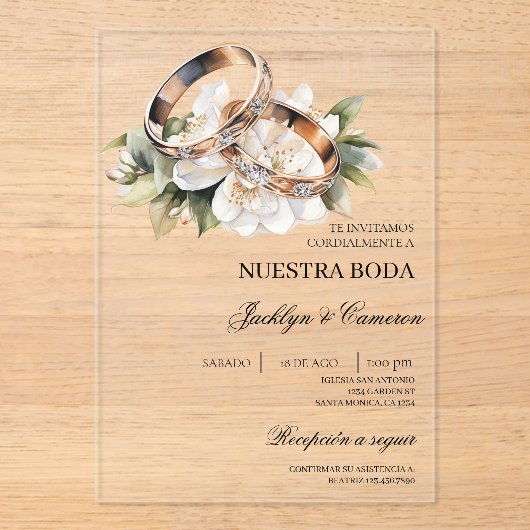 Witte Bloemring met Spaanse bruiloft acryl Acryl Uitnodigingen (Voorkant)