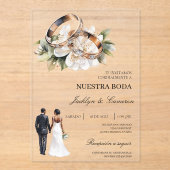 Witte Bloemring met Spaanse bruiloft Acryl Uitnodigingen (Voorkant)