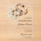 Witte Bloemring met Spaanse bruiloft Acryl Uitnodigingen (Voorkant)