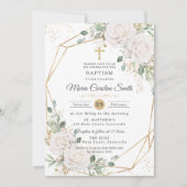 Witte bloemrozen gouden kruisdoop  kaart (Voorkant)