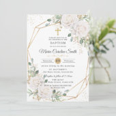 Witte bloemrozen gouden kruisdoop  kaart (Staand voorkant)