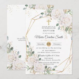 Witte bloemrozen gouden kruisdoop kaart