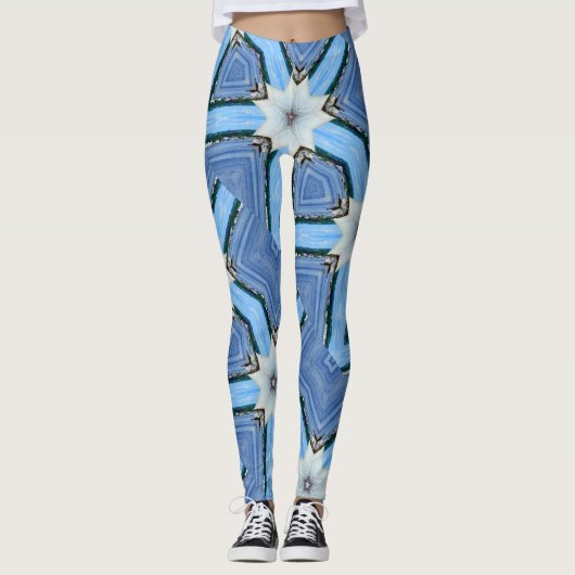 witte bloemsterren geometrisch blauw leggings (Voorkant)