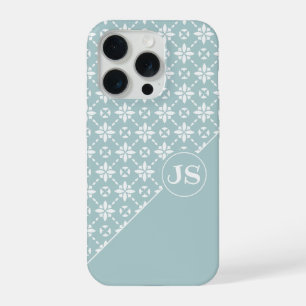Witte bloemtegelpatroon op salie iPhone 15 pro case
