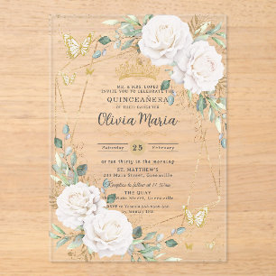 Witte bloemvlinders Gouden Quinceañera Quince Acryl Uitnodigingen