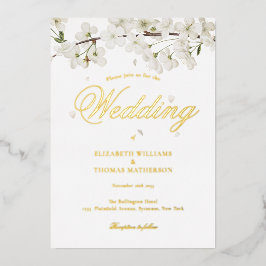 Witte Bloesem Bruiloft Elegant Schrift Goud Folie Uitnodiging