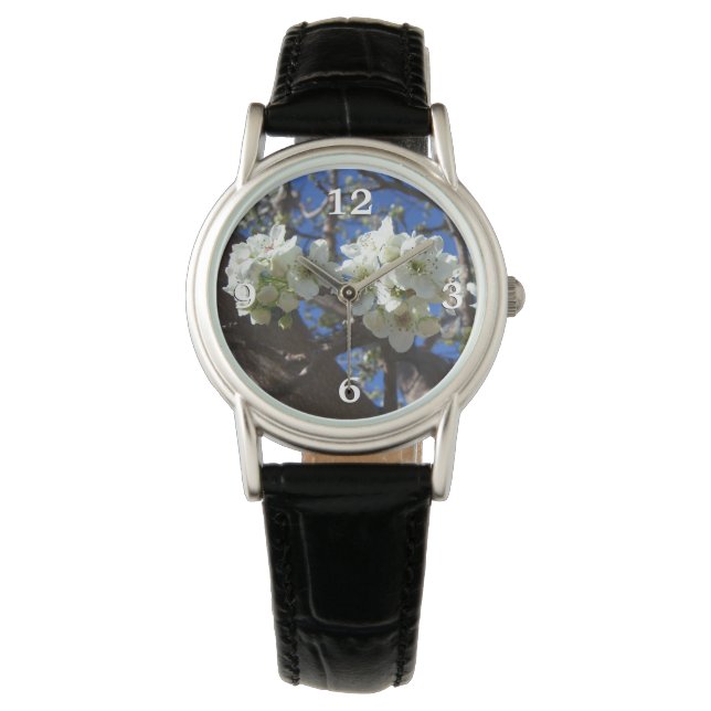 Witte bloesem Clusters Spring Flowering Pear Tree Horloge (Voorkant)