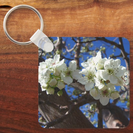 Witte bloesem Clusters Spring Flowering Pear Tree Sleutelhanger (Voorkant)