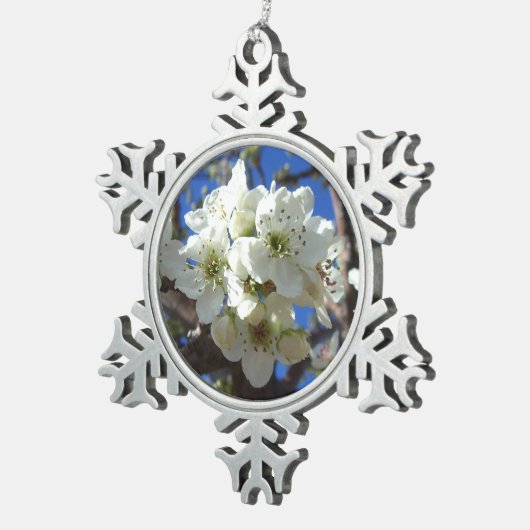 Witte bloesem Clusters Spring Flowering Pear Tree Tin Sneeuwvlok Ornament (Rechts)
