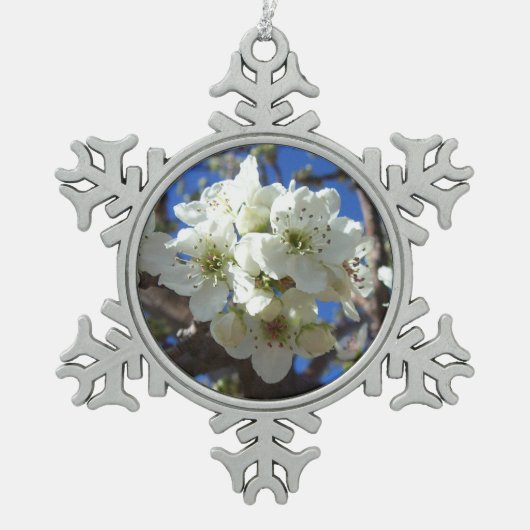 Witte bloesem Clusters Spring Flowering Pear Tree Tin Sneeuwvlok Ornament (Voorkant)