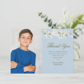 Witte Bloesem Eerste Heilige Communie Blauwe Foto Bedankkaart (Staand voorkant)