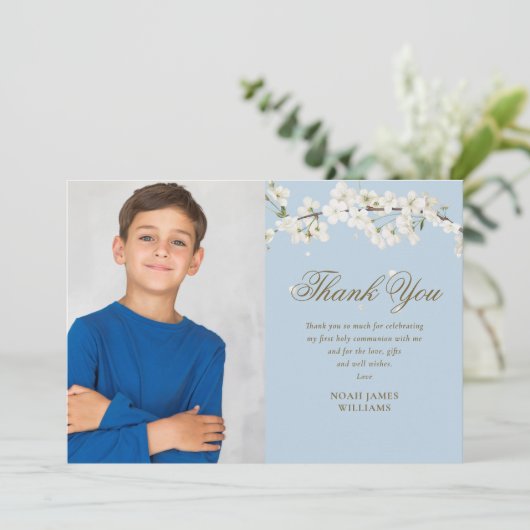 Witte Bloesem Eerste Heilige Communie Blauwe Foto Bedankkaart (Staand voorkant)