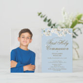 Witte Bloesem Eerste Heilige Communie Blauwe Foto Kaart (Staand voorkant)