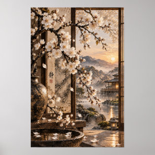 Witte Bloesem Japanse Tuin Zonsondergang Muurkunst Poster
