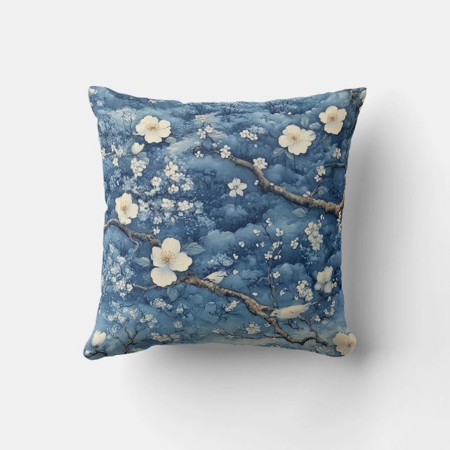 Witte bloesem op blauw kussen (Achterkant)